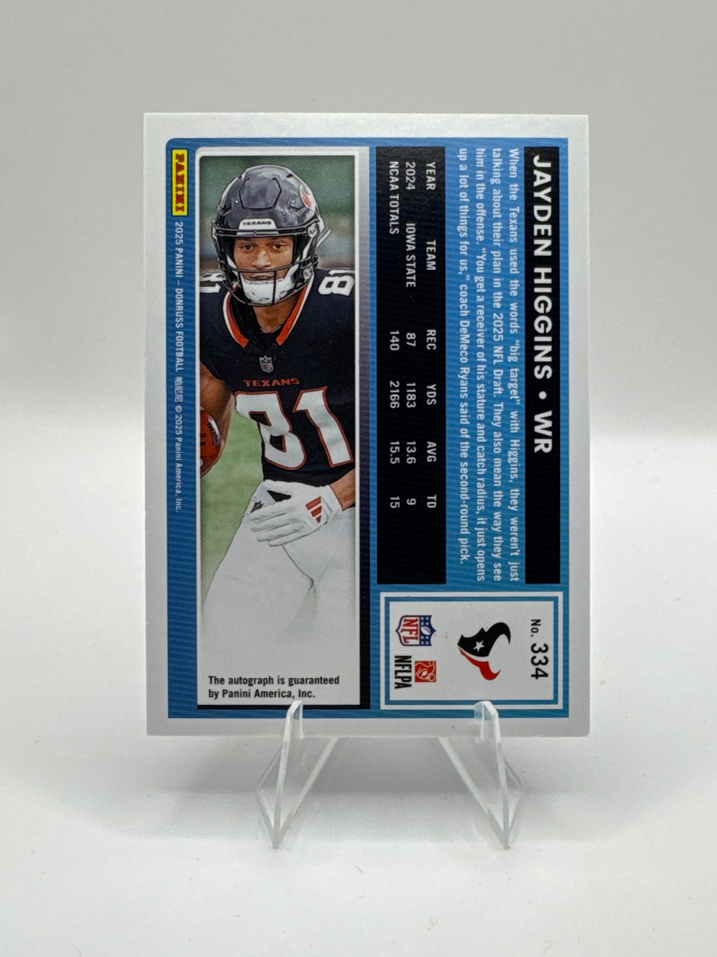 Jayden Higgins Rated Rookie #334 Purple Autograph 120/150 2025 Panini - Donruss Football