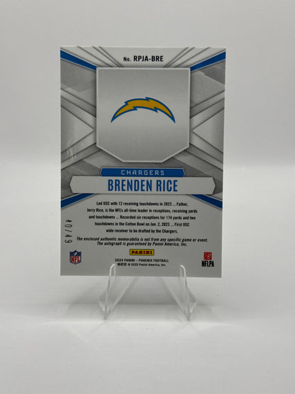Brenden Rice Rising Rookies #RRAJ-BRE Tri-Colored Patch Autograph 40/49
