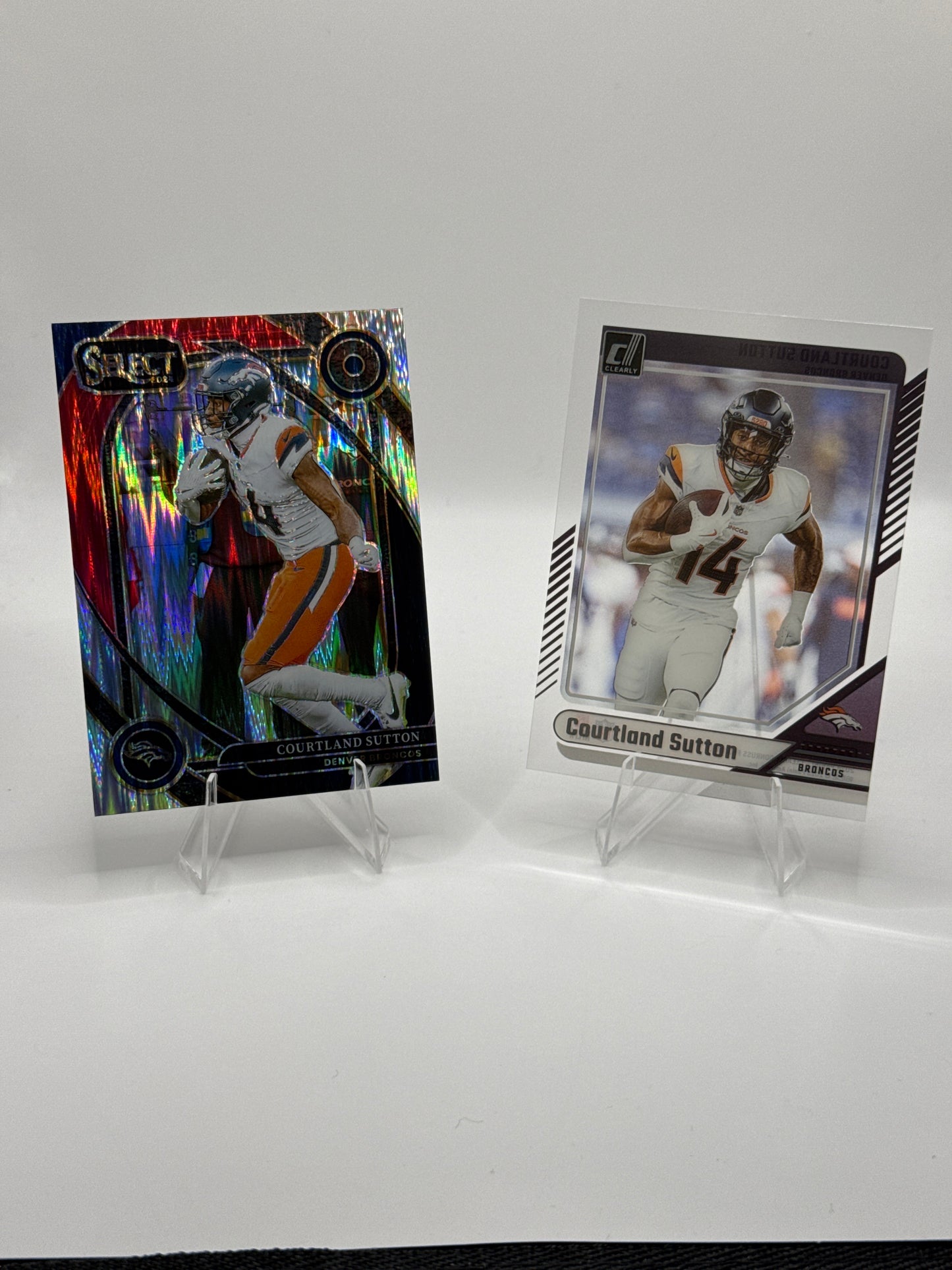 Courtland Sutton #240 Red Black Prizm Shock and #18 Clearly