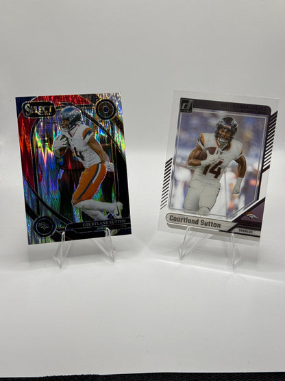 Courtland Sutton #240 Red Black Prizm Shock and #18 Clearly