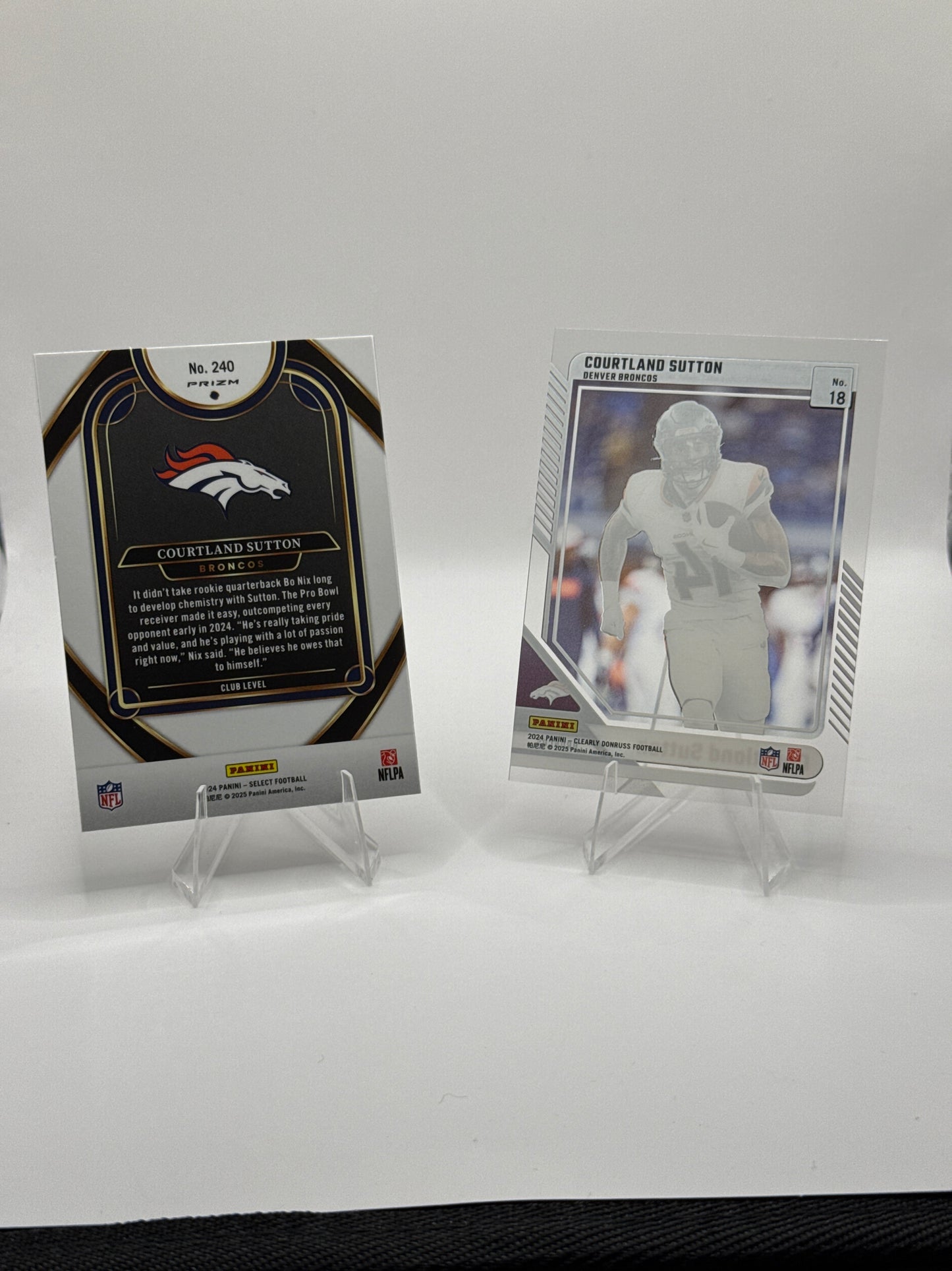 Courtland Sutton #240 Red Black Prizm Shock and #18 Clearly