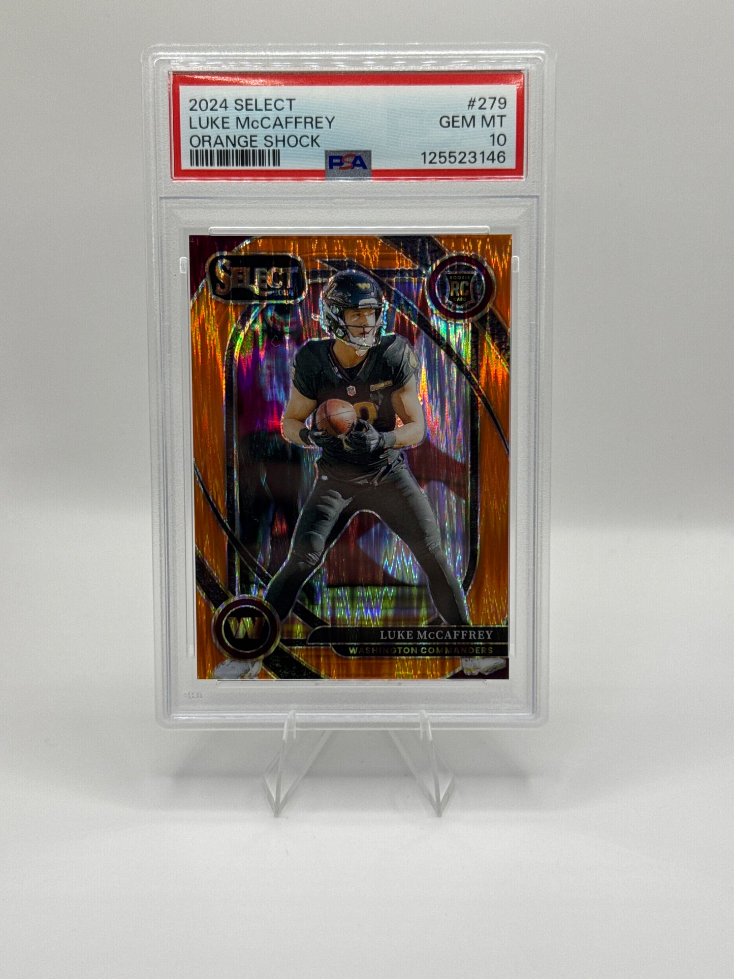 Luke McCaffrey (Rookie) #279 Orange Shock 139/399 - PSA 10 POP 1
