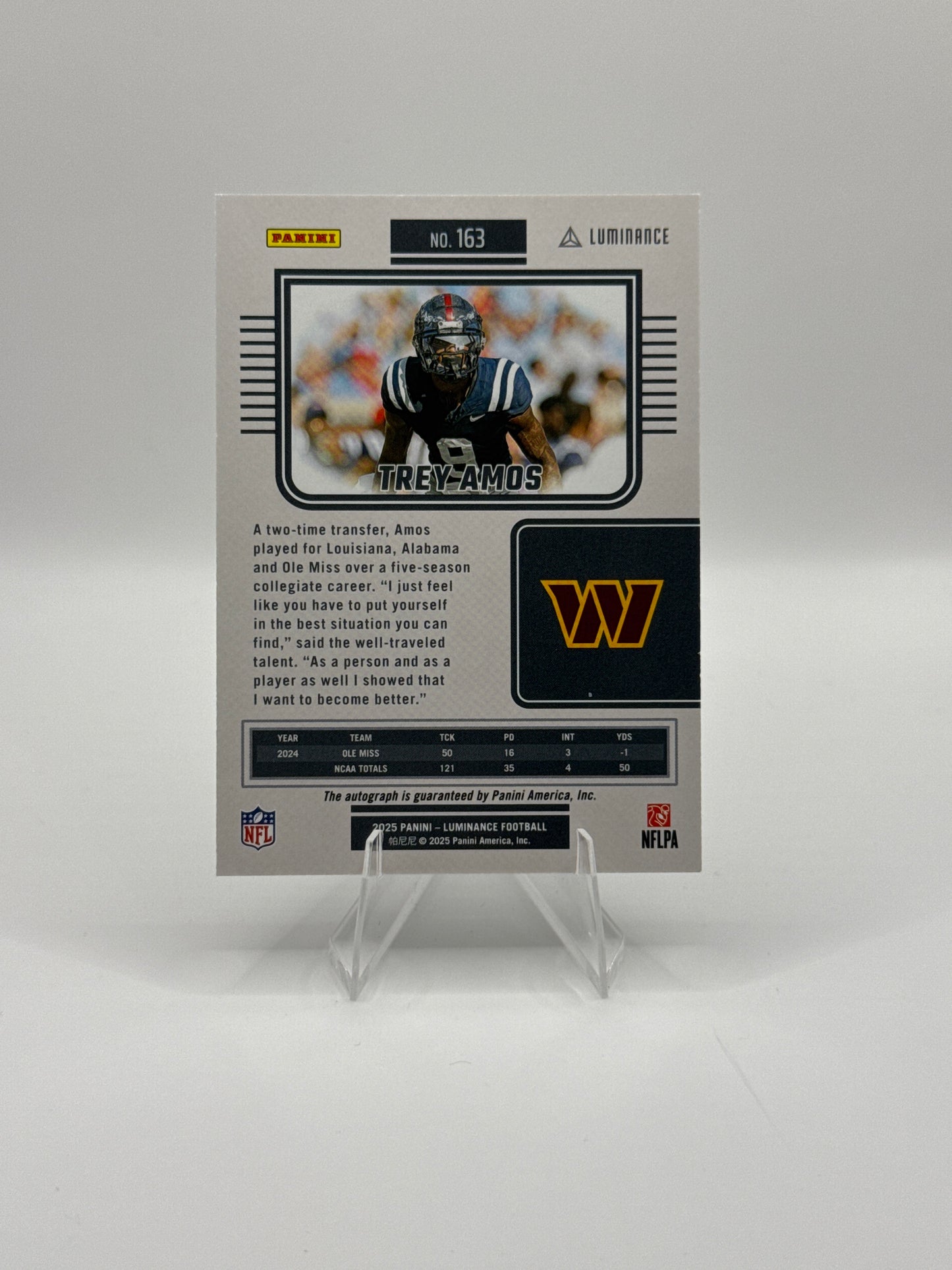 Trey Amos (Rookie) #163 Silver Auto 535/700 2025 Panini - Luminance Football