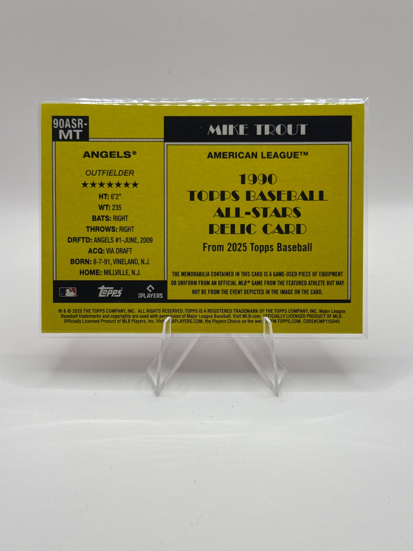 Mike Trout #90ASR-MT Game Used Equipment Patch